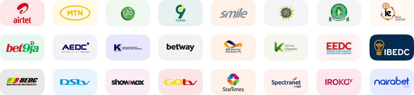 Supported providers including MTN, Airtel, Glo, 9mobile, DStv, GoTV, StarTimes, Ikeja Electric and more